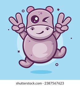 cute hippo animal character mascot with peace sign hand gesture isolated cartoon 