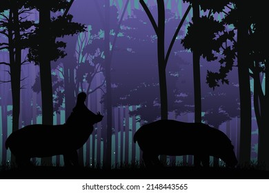 cute hippo animal in jungle silhouette