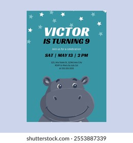 Cute Hippo Animal Safari Kids Birthday Invitation