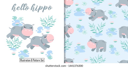 cute hippo animal seamless pattern with illustration card set