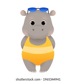 Cute hippo animal in swimsuit with sunglasses on summer beach or swimming pool