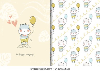 Cute hippo baby animal character on the hill and balloon. Kids card and seamless background pattern. Hand drawn cartoon shirt print design vector illustration.