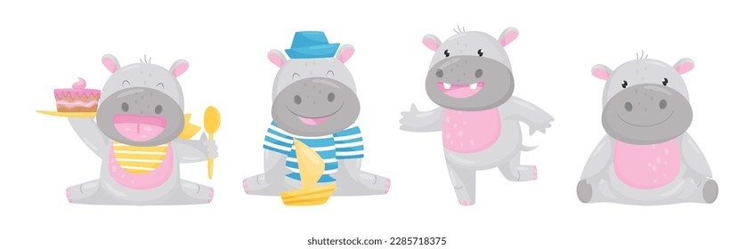 Cute Hippo Baby Boy Character with Stocky Body Engaged in Different Activity Vector Set