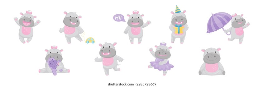 Cute Hippo Baby Character with Stocky Body Engaged in Different Activity Vector Set