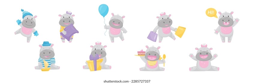 Cute Hippo Baby Character with Stocky Body Engaged in Different Activity Vector Set