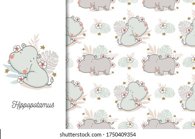 Cute hippo baby with floral backdrop. Jungle animal cartoon character. Alphabetical Kids card print template and seamless background pattern. Hand drawn fabric surface design.