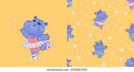 Cute hippo ballerina seamless pattern. Hippopotamus vector illustration. Print for baby t-shirt print, fashion print design, kids wear, baby shower celebration greeting and invitation birthday card.