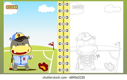 Cute hippo in baseball player costume, vector cartoon illustration, coloring book or page