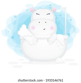 Cute hippo in the bathtub cartoon illustration Premium Vector