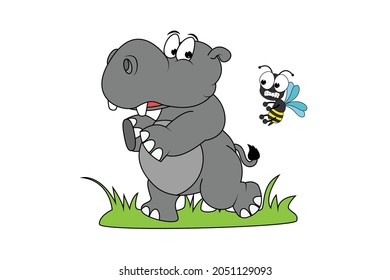 cute hippo and bee cartoon