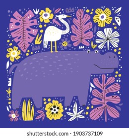 Cute hippo and bird flat vector illustration. Funny exotic animals hand drawn characters. Adorable hippopotamus, friendly behemoth isolated on blue background. Childish t shirt print design