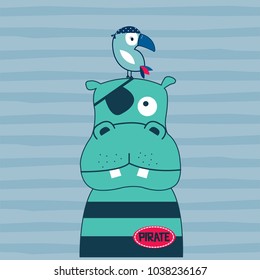 cute hippo with bird on striped background vector illustration