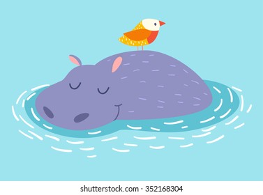 Cute hippo and bird on the water background. Vector illustration