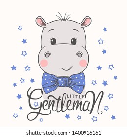 Cute hippo boy face with bow tie. Little Gentleman slogan. Vector illustration design for t-shirt graphics, fashion prints