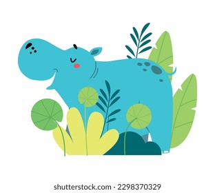 Cute hippo in bushes. Adorable African baby animal on nature cartoon vector illustration