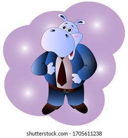 Cute hippo in a business suit before the background of abstract purple cloud