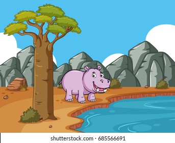 Cute hippo by the pond illustration