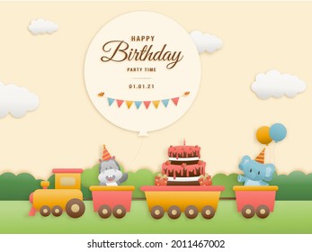 Cute hippo, cake and elephant on train birthday greeting card. jungle animals celebrate children's birthday and template invitation paper and papercraft style vector illustration.Theme happy birthday.