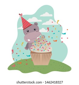 cute hippo with cake of happy birthday