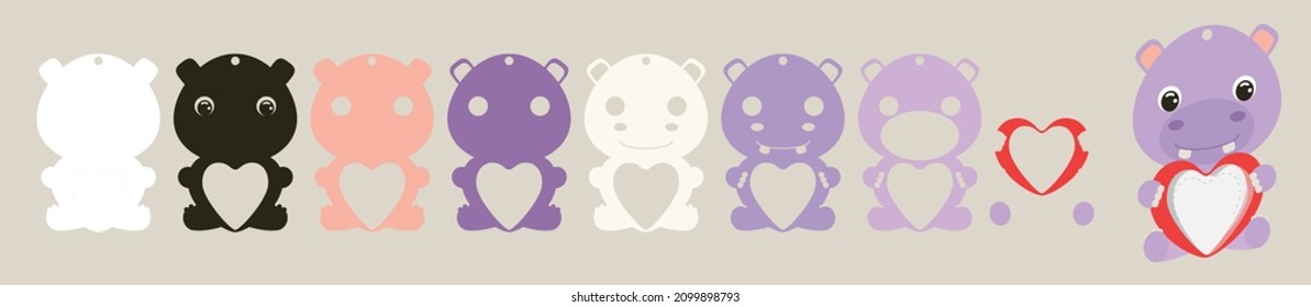 Cute hippo candy ornament. Layered paper decoration treat holder for dome. Hanger for sweets, candy for birthday, baby shower, valentine days. Print, cut out, glue. Vector stock illustration