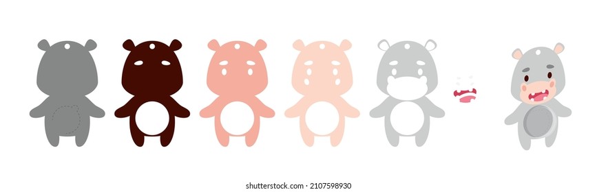 Cute hippo candy ornament. Layered paper decoration treat holder for dome. Hanger for sweets, candy for birthday, baby shower, halloween, christmas. Print, cut out, glue. Vector stock illustration