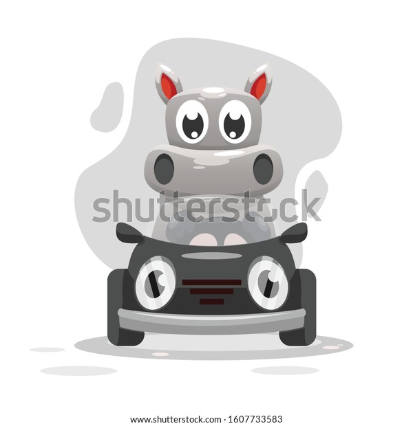 CUTE HIPPO  WITH\
CAR MASCOT CARTOON VECTOR