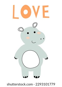 Cute hippo card tile greeting Text Love cartoon for t-shirt, print, product, flyer, patch, fabric, textile, fashion, baby, kid, hand drawn style. vector illustration EPS