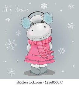 cute hippo cartoon with background snow