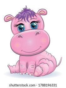 Cute hippo cartoon with beautiful eyes hand-drawn illustration. print t-shirts, baby clothes fashion design, baby shower invitation card.