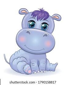 Cute hippo cartoon with beautiful eyes hand-drawn illustration. print t-shirts, baby clothes fashion design, baby shower invitation card.