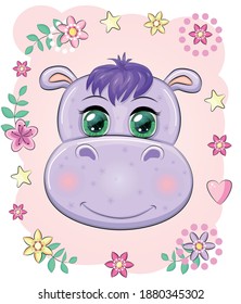 Cute hippo cartoon with beautiful eyes among flowers, hearts. print t-shirts, baby clothes fashion design, baby shower invitation card