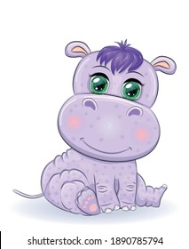 Cute hippo cartoon with beautiful eyes among flowers, hearts. print t-shirts, baby clothes fashion design, baby shower invitation card