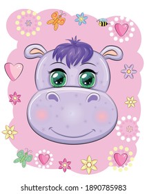 Cute hippo cartoon with beautiful eyes among flowers, hearts. print t-shirts, baby clothes fashion design, baby shower invitation card
