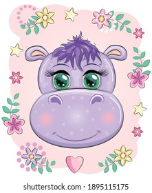 Cute hippo cartoon with beautiful eyes among flowers, hearts. print t-shirts, baby clothes fashion design, baby shower invitation card
