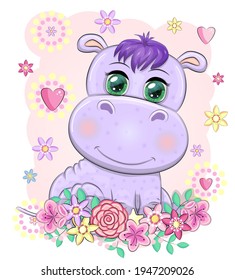 Cute hippo cartoon with beautiful eyes among flowers, hearts. print t-shirts, baby clothes fashion design, baby shower invitation card