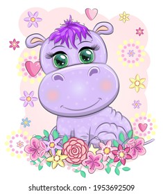 Cute hippo cartoon with beautiful eyes among flowers, hearts. print t-shirts, baby clothes fashion design, baby shower invitation card
