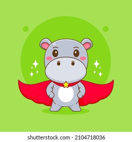 Cute Hippo cartoon character with cloak as super hero. 