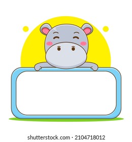 Cute Hippo cartoon character with empty board. 