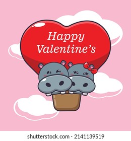 cute hippo cartoon character fly with air balloon in valentines day