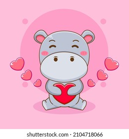 Cute Hippo cartoon character holding love heart. 