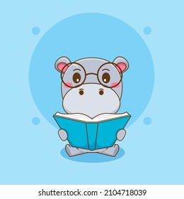 Cute Hippo cartoon character reading a book with glasses. 