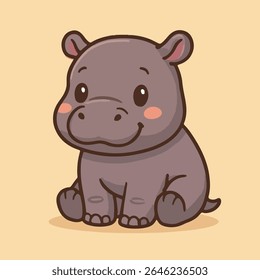 Desenho animado bonito Hippo, uma ilustração encantadora de um bebê hipopótamo sentado, irradiando felicidade com seu sorriso cativante e charmosas bochechas rosadas.