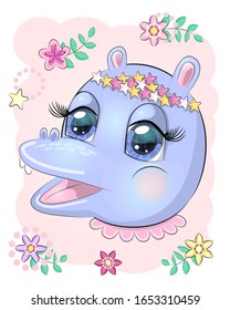 Cute hippo cartoon girl face with bright expressive eyes with flowers and stars. illustration design for t-shirt graphics, fashion prints