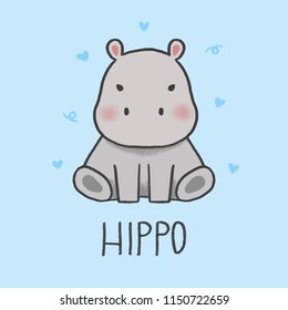 Cute Hippo cartoon hand drawn style