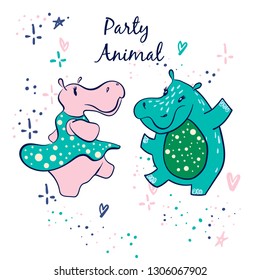 Cute hippo cartoon hand drawn vector illustration. Can be used for t-shirt print, kids wear fashion design, baby shower invitation card. Happy hippo dancing