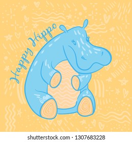 Cute hippo cartoon hand drawn vector illustration. Can be used for t-shirt print, kids wear fashion design, baby shower invitation card. Happy hippo