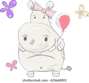 Cute Hippo cartoon hand drawn vector illustration. Can be used for t-shirts print, fashion print design, children's clothing, baby shower, holiday greeting and invites.