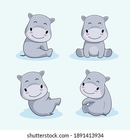 Cute Hippo Cartoon Illustration Set Collections