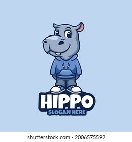 Cute Hippo Cartoon Mascot Logo Design