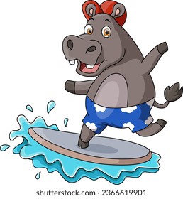 Animación cute hippo jugando al surf